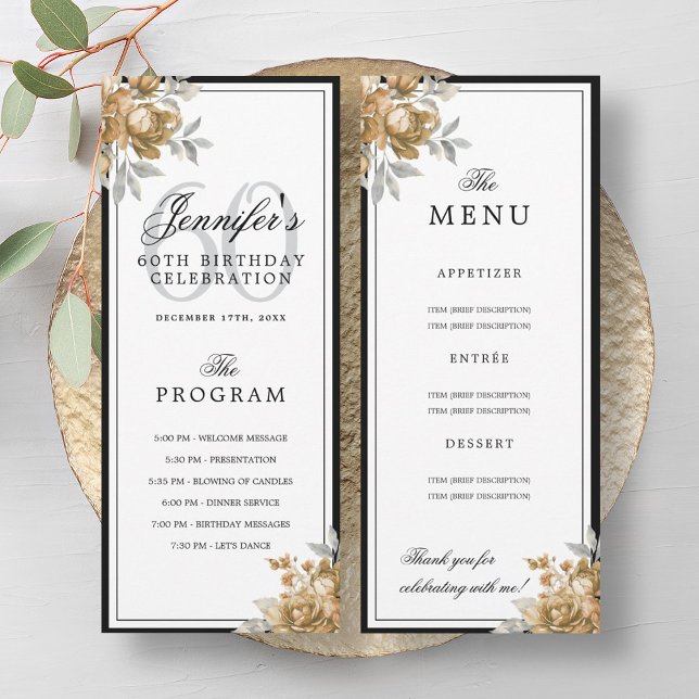 Convite Programa de Menu de Aniversário de 60 anos Floral  (Elegant Gold Floral 60th Birthday Program Menu )