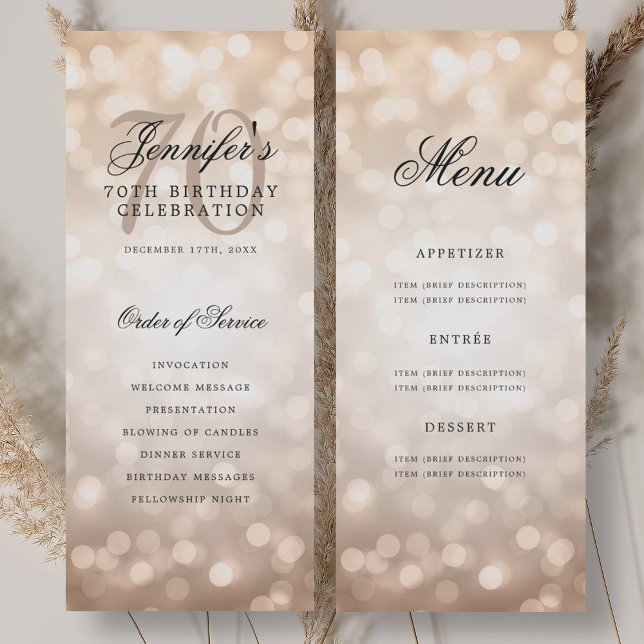 Convite Programa de Menu de Aniversário de 70 anos Elegant (Elegant Rose Gold Bokeh 70th Birthday Program Menu)