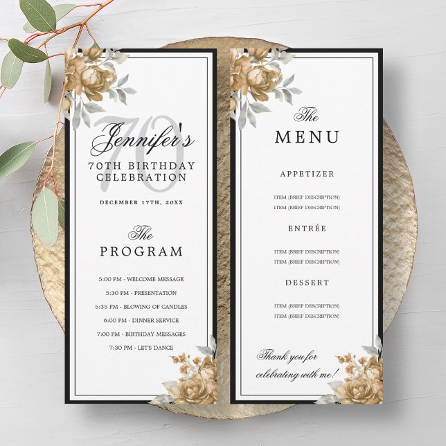 Convite Programa de Menu de Aniversário de 70 anos Floral  (Elegant Gold Floral 70th Birthday Program Menu )