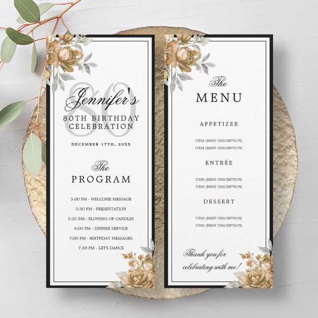 Convite Programa de Menu de Aniversário de 80 anos Floral  (Elegant Gold Floral 80th Birthday Program Menu )