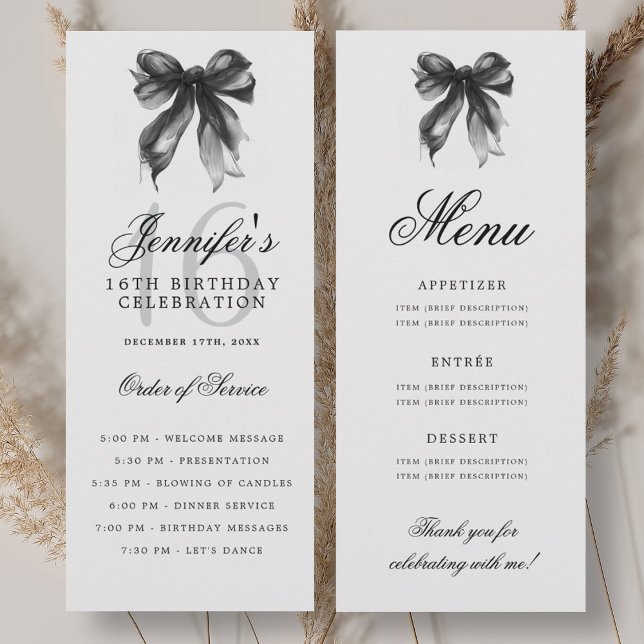 Convite Programa de Menu de Festa de Aniversário de 16 Ano (Elegant Black Bow 16th Birthday Party Program Menu)