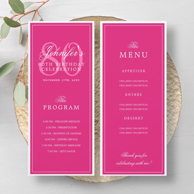 Convite Programa de Menu de Festa de Aniversário de 80 ano (Elegant 80th Birthday Party Program Menu Hot Pink)