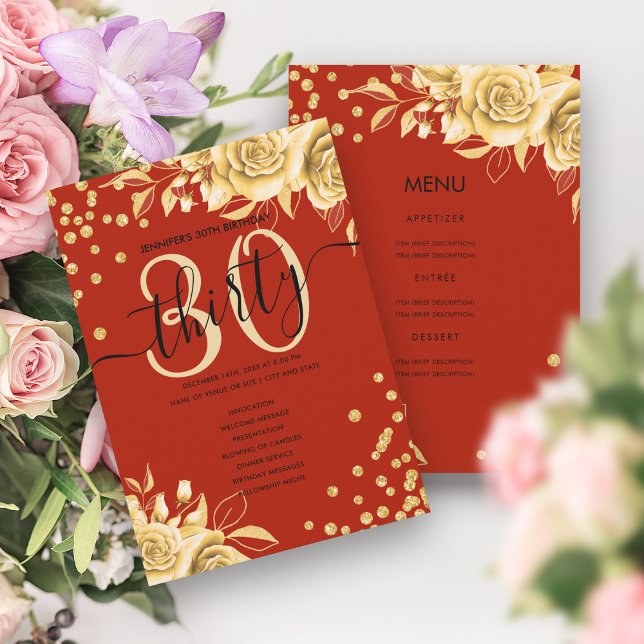 Convite Programa de menu do aniversário de 30 anos Floral  (Gold Red Floral Glitter 30th Birthday Menu Program)