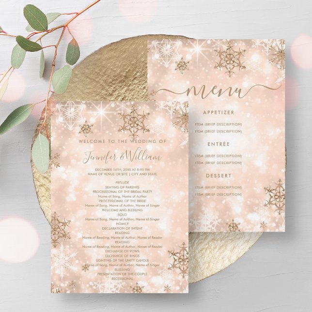 Convite Programa de menu do Casamento no inverno Dourado f (Festive Rose Gold Winter Wedding Menu Program)