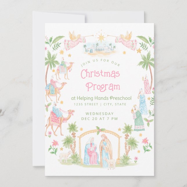 Convite Programa de Natal Pastel da Natividade | Pré-escol (Frente)