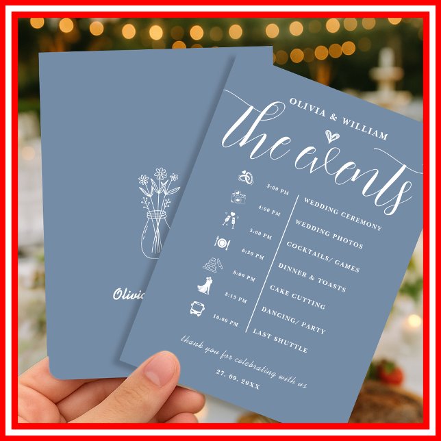 Convite Programa de Ordem de Eventos de Casamento em Azul  (Criador carregado)
