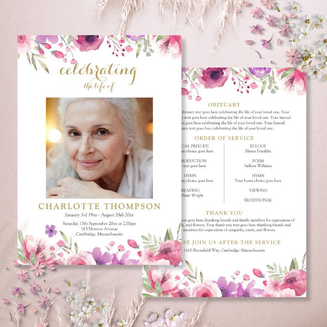 Convite Programa de Ordem de Serviço de Funeral com Foto F (Floral Photo Funeral Order Of Service Program)