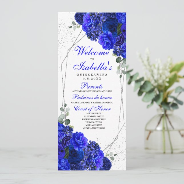 Convite Programa de Quinceanera Floral Real Azul e Prata (Em pé/Frente)