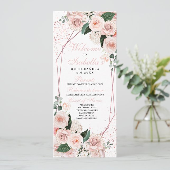 Convite Programa de Quinceanera Floral Rosa-Blush (Em pé/Frente)