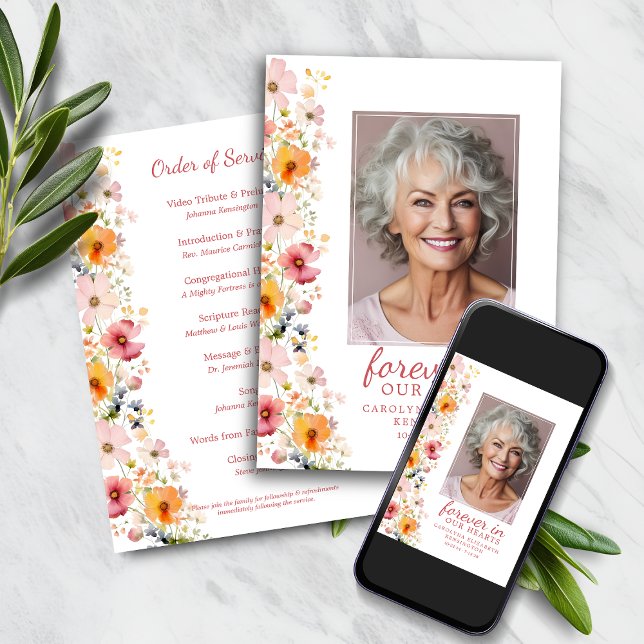 Convite Programa de Serviço Memorial de Flores Selvagens d (Watercolor Wildflower Memorial Service Program)