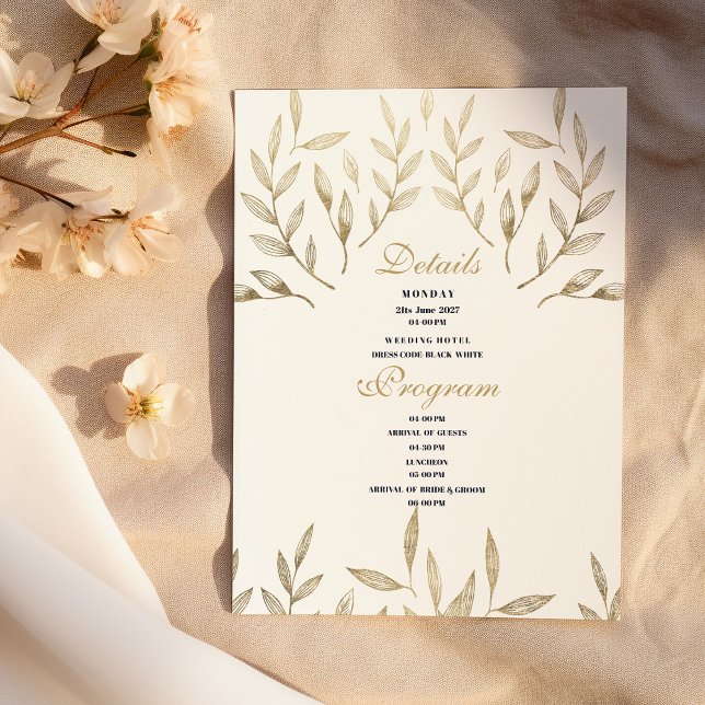 Convite Programa Detalhes da folhagem de ouro branco de lu (Simple luxury white gold foliage Details Program)