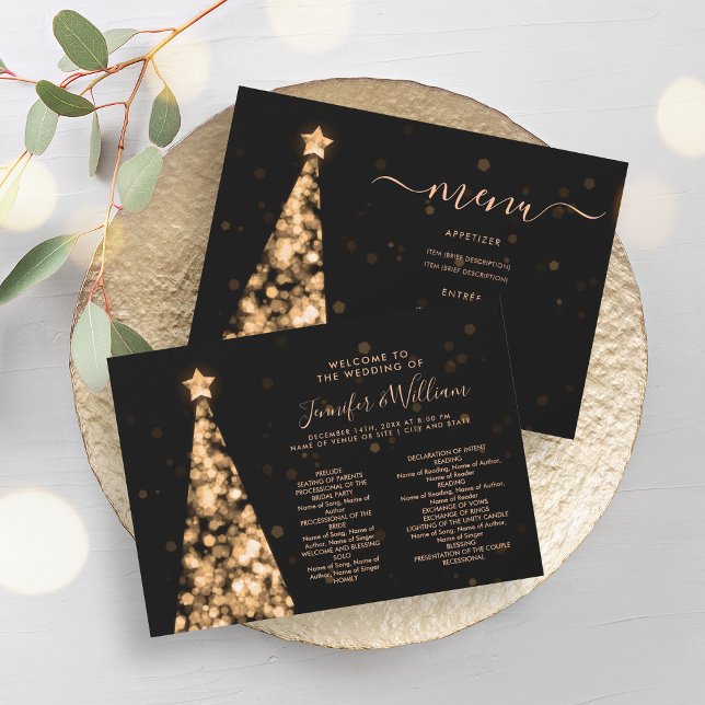 Convite Programa Dourado Casamento de Árvore Festiva do Xm (Festive Xmas Tree Gold Wedding Menu Program)