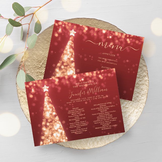 Convite Programa Dourado Red Weding Árvore Festivo do Xmas (Festive Xmas Tree Gold Red Wedding Menu Program)