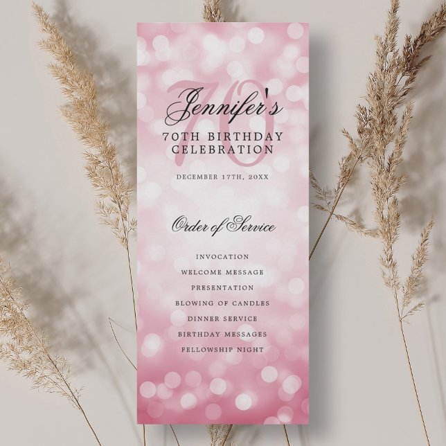 Convite Programa Elegante de 70º Aniversário com Bokeh Ros (Elegant 70th Birthday Program Blush Pink Bokeh)