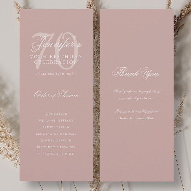 Convite Programa Elegante de 70º Aniversário Dusty Rose Ob (Elegant 70th Birthday Program Dusty Rose Thank You)