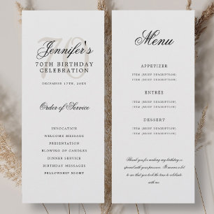 Convite Programa Elegante de 70 anos Branco Preto Menu+Agr