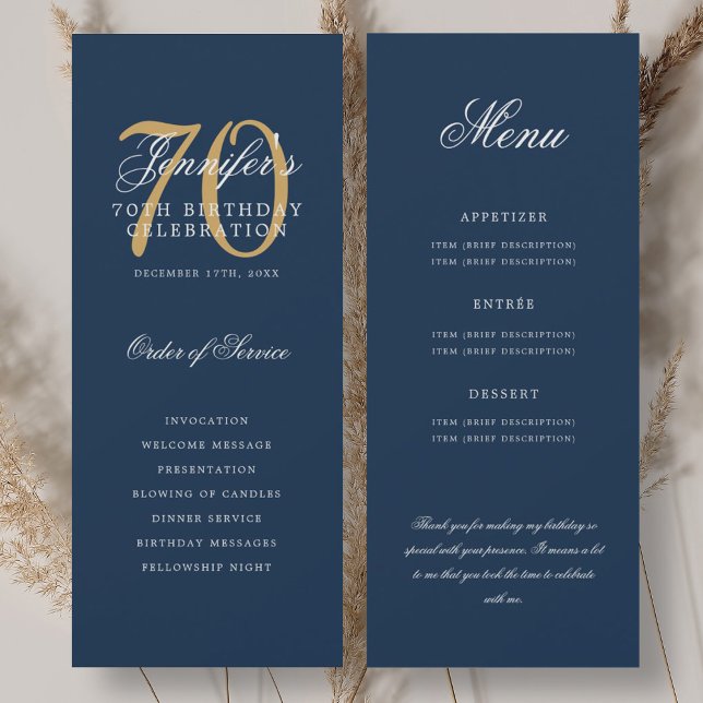 Convite Programa Elegante de 70 anos Dourado Azul Marinho  (Elegant 70th Program Gold Navy Blue Menu+Thank You)