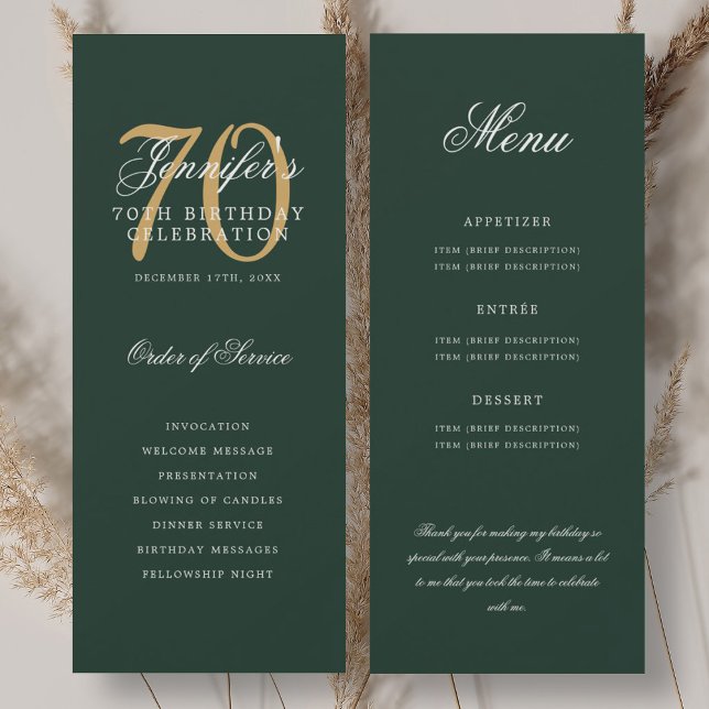 Convite Programa Elegante de 70 anos Dourado Verde Menu+Ag (Elegant 70th Program Gold Green Menu+Thank You)
