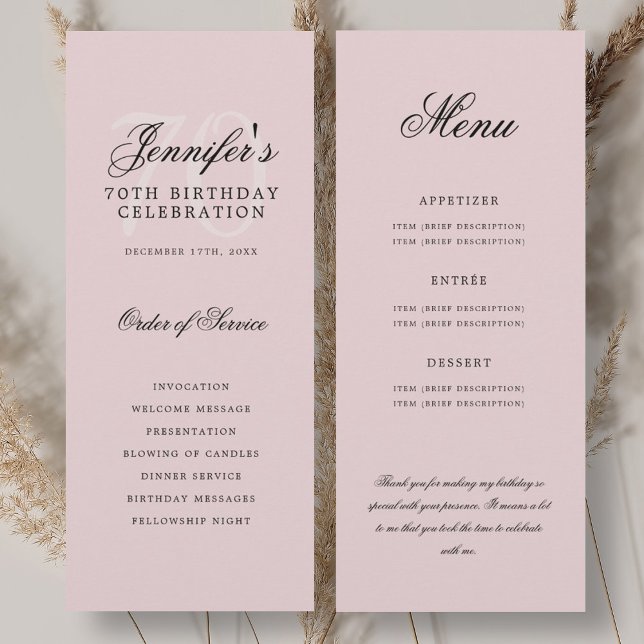Convite Programa Elegante de 70 anos Rosa Bege Menu+Agrade (Elegant 70th Program Blush Pink Menu+Thank You)
