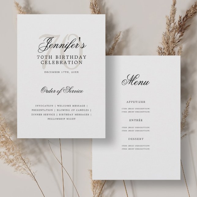 Convite Programa Elegante de Aniversário do 70 com Preto B (Elegant 70th Birthday Program Black White w/ Menu)