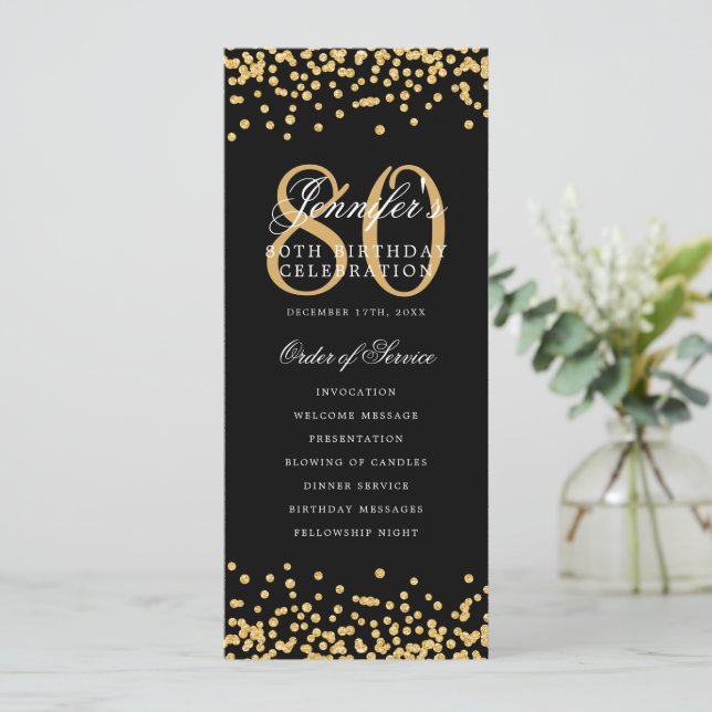 Convite Programa Elegante de Aniversário do 80 Dourado Con (Em pé/Frente)
