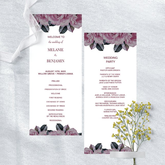 Convite Programa Elegante de Casamento Floral Romântico Ro (Elegant Rose Pink Romantic Floral Wedding Program)