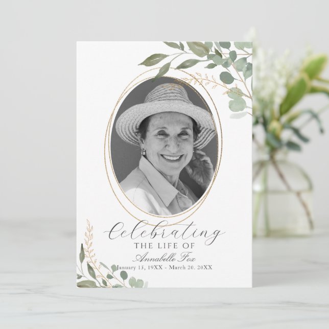 Convite Programa Eucalyptus Photo Funeral Order (Em pé/Frente)