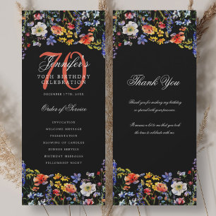 Convite Programa Floral 70 Birthday Obrigado Black