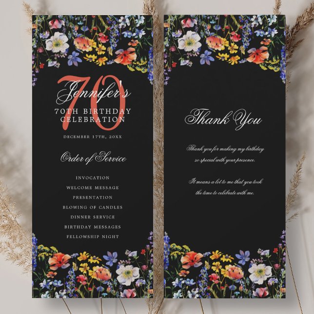 Convite Programa Floral 70 Birthday Obrigado Black (Criador carregado)