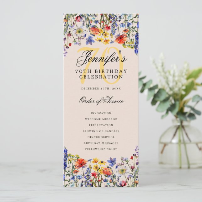 Convite Programa Floral 70 Birthday - Obrigado Champagne (Em pé/Frente)