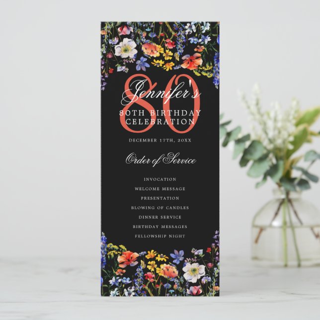 Convite Programa Floral 80 Birthday Obrigado Black (Em pé/Frente)