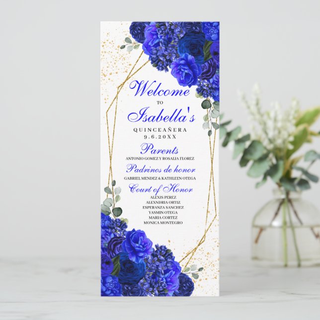 Convite Programa Floral de Quinceanera Real Azul e Dourado (Em pé/Frente)
