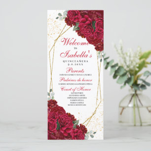 Convite Programa Floral de Quinceanera Vermelha e Dourada