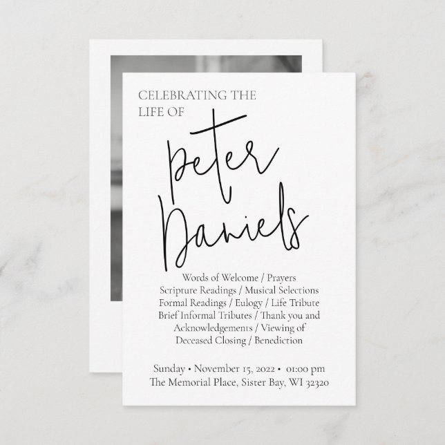 Convite Programa Funeral de Fotografia de Script Branco e  (Frente/Verso)