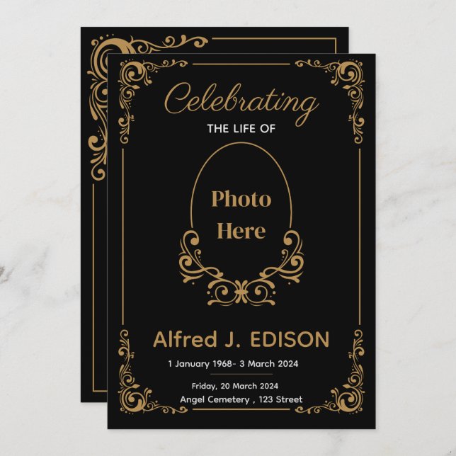 Convite Programa Funeral Negro ouro, Memorial Funeral (Frente/Verso)