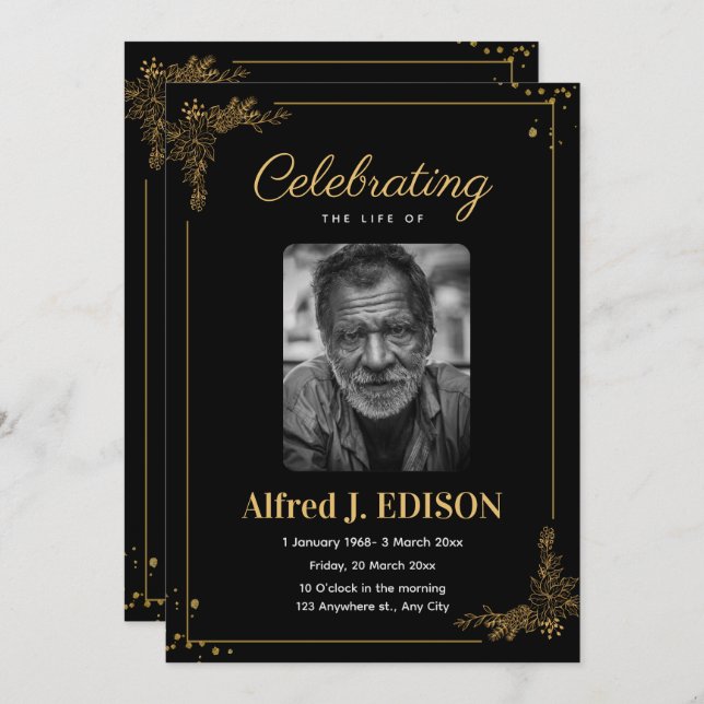 Convite Programa Funeral Negro ouro, Memorial Funeral (Frente/Verso)