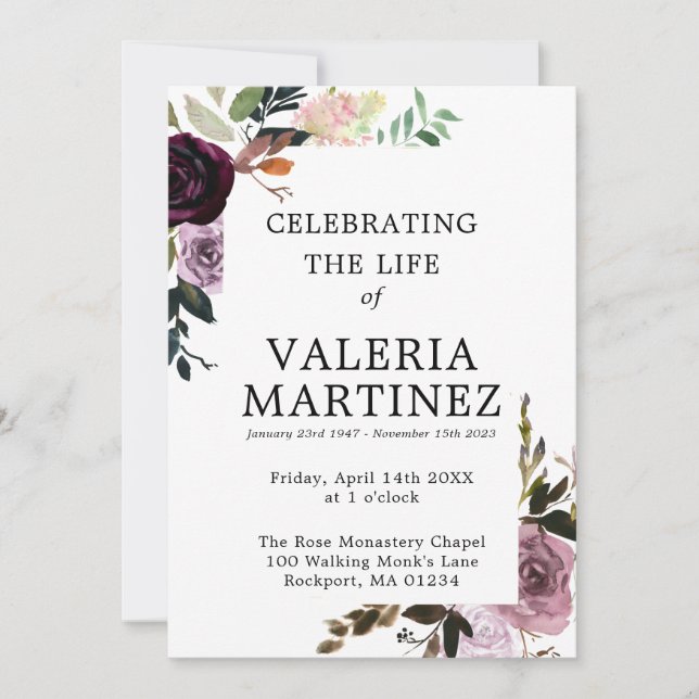 Convite Programa Funeral Purple Floral (Frente)