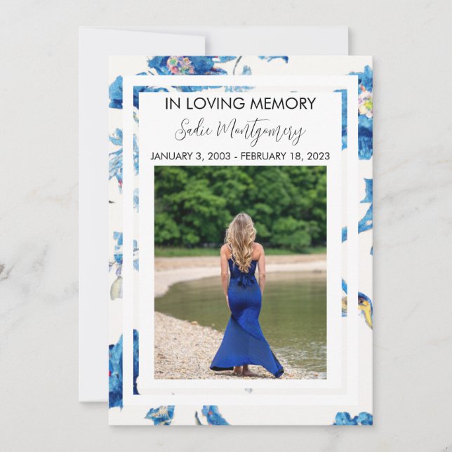 Convite Programa funerário de borda floral azul (Frente)