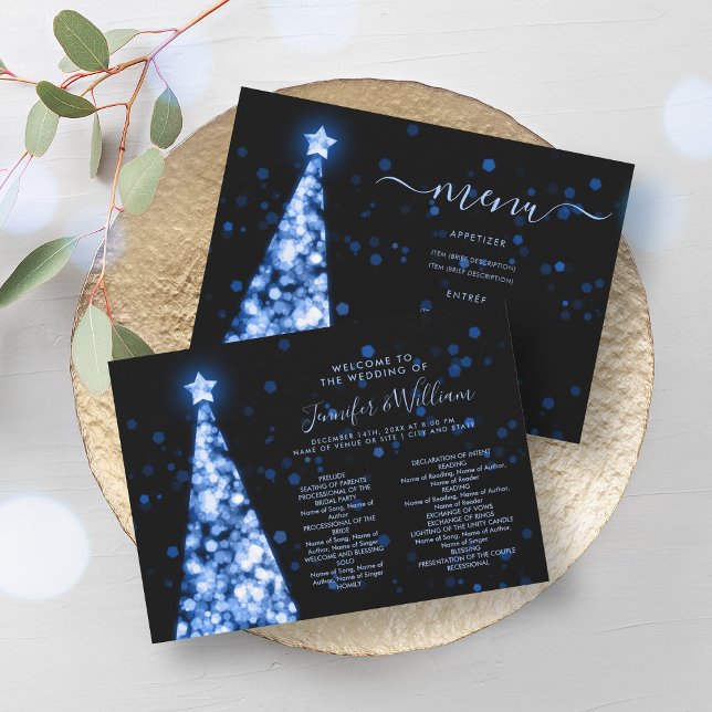 Convite Programa Marinho Azul de Casamento  de Árvore Fest (Festive Xmas Tree Navy Blue Wedding Menu Program)