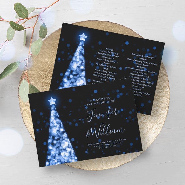 Convite Programa Marinho Azul de Casamento Festivo de Árvo (Festive Xmas Tree Navy Blue Wedding Program)