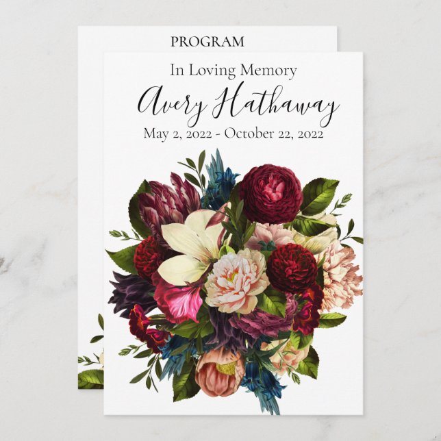 Convite Programa Memorial Funeral do Buquê de Flor Vermelh (Frente/Verso)