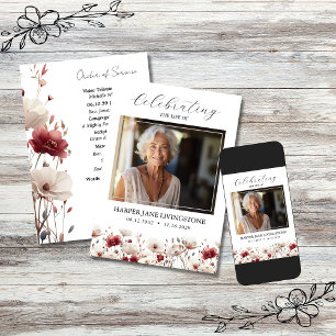 Convite Programa Memorial Funerário Pink e White Poppy