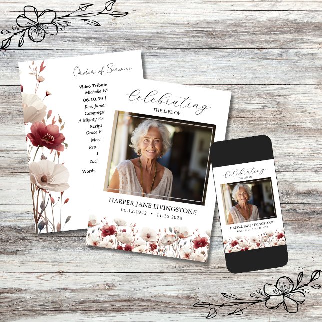 Convite Programa Memorial Funerário Pink e White Poppy (Criador carregado)