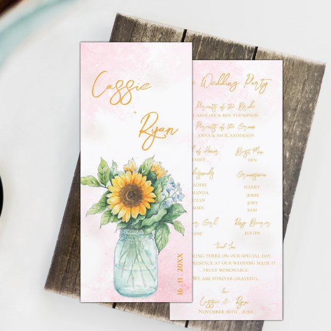 Convite Programa Rustic Mason Jar Sunflower Festa de casam (Rustic Mason Jar Sunflower Wedding Party Program)