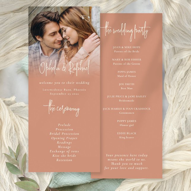 Convite Programa Rustic Photo Overlay Terracotta Wedding (Front and back view)