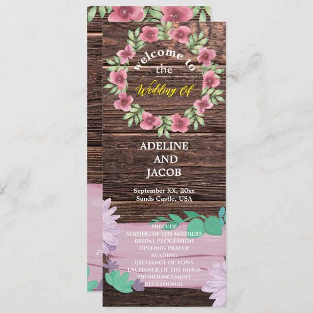 Convite Programa Rustic Wooden floral Script Wedding (Frente/Verso)