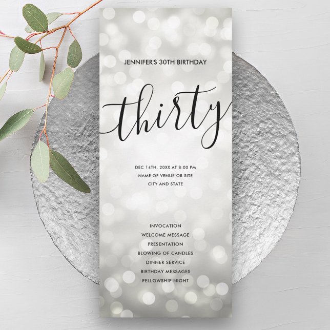 Convite Programas de aniversário de 30 anos das Luzes de L (Silver Glitter Lights 30th Birthday Programs )