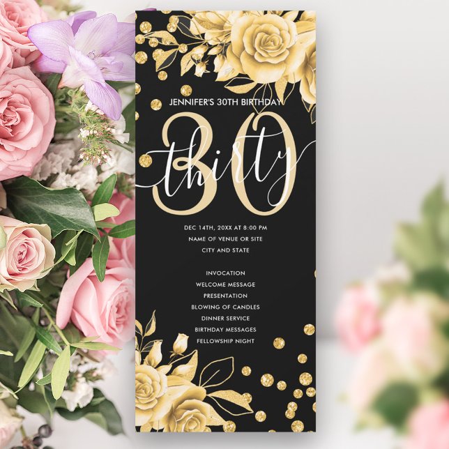 Convite Programas de aniversário de 30 anos Floral Dourado (Gold Floral Glitter 30th Birthday Programs Black )
