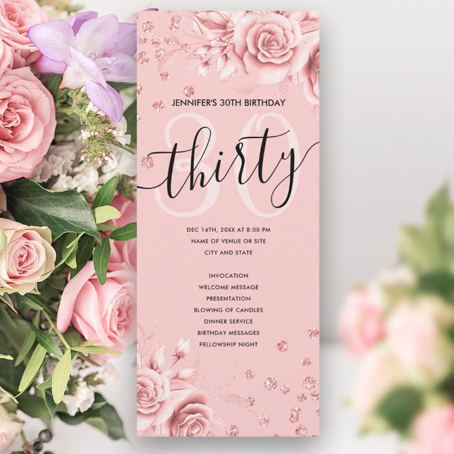 Convite Programas de aniversário de 30 anos Floral Dourado (Rose Gold Floral Glitter 30th Birthday Programs)
