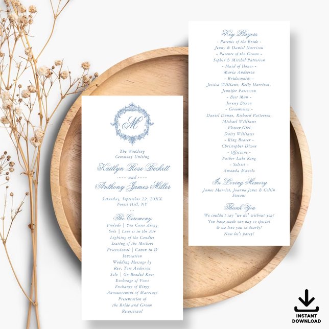 Convite Programas de Casamento com Toile de Jouy Azul Vint (Criador carregado)